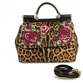 Dolce & Gabbana-Dolce & Gabbana Sac en Poney Imprimé Léopard Orné de Roses Sicily Bag Edition Limitée-Multicolore