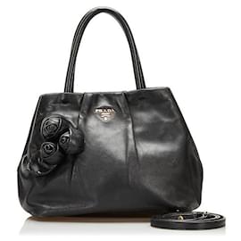 Prada-prada Nappa Floral Detail Leather Handbag black-Black