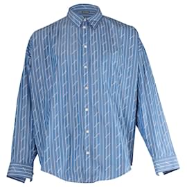 Balenciaga-Balenciaga Logo All-Over Long Sleeve Shirt in Stripe Blue Cotton-Blue