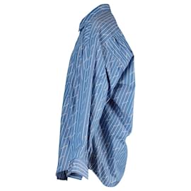 Balenciaga-Balenciaga Logo All-Over Long Sleeve Shirt in Stripe Blue Cotton-Blue