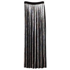Balmain Metallic Lamé Pleated Skirt in Silver Polyester Silvery Metallic