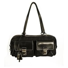 Prada-PRADA Black Canvas & Leather Two Handles Pockets Padlock Shoulder Bag Handbag-Black