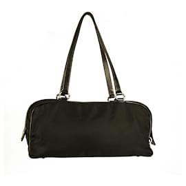 Prada-PRADA Black Canvas & Leather Two Handles Pockets Padlock Shoulder Bag Handbag-Black