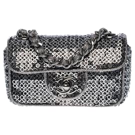 Chanel-Chanel mini flap bag limited edition bag in silver embroidered micro sequins-Silvery