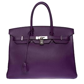 Hermès-Superbe sac à main Hermes Birkin 35 cm en cuir Taurillon Clémence Ultraviolet-Violet