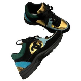 Baskets Chanel 37 Noir Bleu Doré Vert foncé