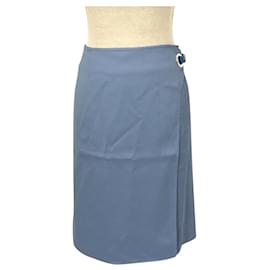 Hermès-*Hermes Leather Detail Silk Viscose Skirt-Blue