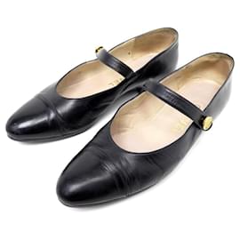 Chanel-CHANEL SHOES PUMPS BABIES MARY JANE 7.5 37.5 BLACK LEATHER SHOES-Black
