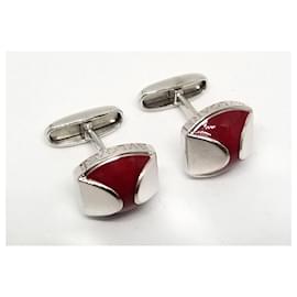 Bulgari-* Bvlgari cufflinks red silver SV925 logo silver cufflinks men&#39;s accessories BVLGARI-Silvery,Red