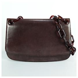Prada-* Prada Chain Shoulder Bag Dark Brown Plastic Leather Women&#39;S-Dark brown