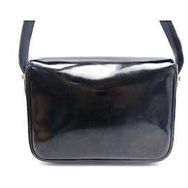 Céline-VINTAGE CELINE CLASSIQUE FLAP HANDBAG IN BLACK PATENT LEATHER BANDOULIERE BAG-Black