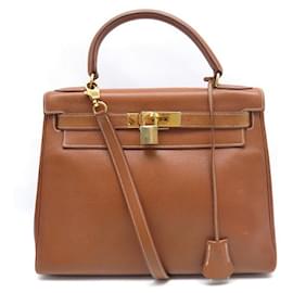 Hermès-VINTAGE HERMES KELLY HANDBAG 28 Epsom Gold leather 1993 HAND BAG STRAP-Brown