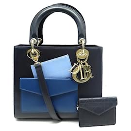 Dior-SAC A MAIN LADY DIOR POCKET EN CUIR BLEU NUIT BANDOULIERE HAND BAG PURSE-Bleu