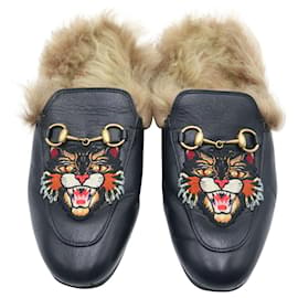 Gucci-Gucci Princetown slippers with Angry Cat Appliqué in Black Leather-Black