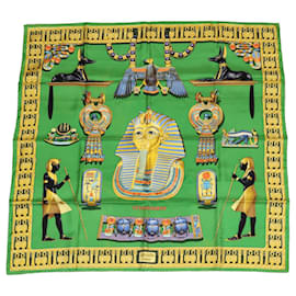 Hermès-HERMES CARRE 90 Tutankhamun Scarf Silk Green Auth am3280-Green