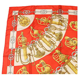 Hermès-HERMES CARRE90 Scarf """"Cliquetis"""" Silk Red Auth cl234-Red