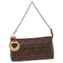 FENDI Zucca Canvas Heart Chain Accessory Pouch Brown Black Auth yk5441b Brown Black
