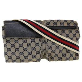 Gucci-GUCCI GG Canvas Web Sherry Line Waist Bag Navy Red Auth am3336-Red,Navy blue