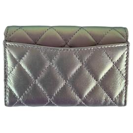 Chanel-Chanel wallet metallic coin purse pink green cardholder iridescent NEW-Grey,Metallic