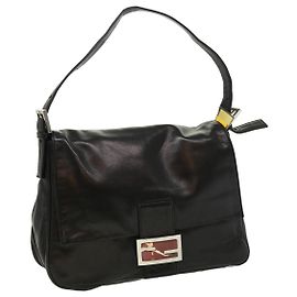 FENDI Mamma Baguette Shoulder Bag Leather Black Auth bs2909 Black