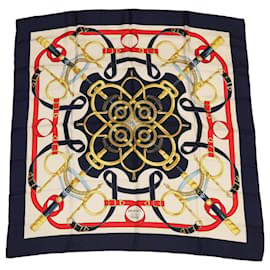 Hermès-HERMES CARRE 90 Eperon d'or golden spurs Scarf Silk White Navy Auth am3279-White,Navy blue