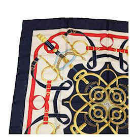 Hermès-HERMES CARRE 90 Eperon d'or golden spurs Scarf Silk White Navy Auth am3279-White,Navy blue