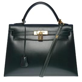 Hermès-Exceptional & Rare Hermes Kelly Handbag 32 saddler shoulder strap in green box leather-Green