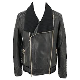 Balmain-Balmain biker jacket in black leather, padded with zip embellishments & knit collar-Black