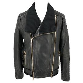 Giubbotto biker Balmain in pelle nera, imbottito con decorazioni con zip e colletto in maglia Nero