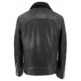 Balmain-Balmain biker jacket in black leather, padded with zip embellishments & knit collar-Black