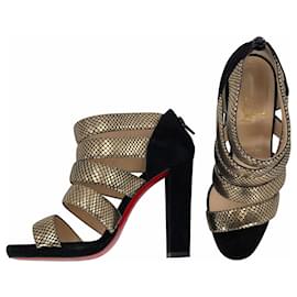 Christian Louboutin-Louboutin Mehari 120 cage sandals in black suede with nappa gold details-Golden,Metallic