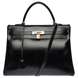 Hermès-Beautiful Hermès Kelly bag 35 returned shoulder strap in black box leather,-Black