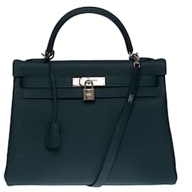 Hermès-Splendid Hermes Kelly handbag 32 II returned in Cypress Green Togo leather-Green
