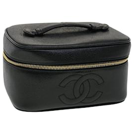 Chanel-CHANEL Vanity Cosmetic Pouch Caviar Skin Black CC Auth bs2949a-Black