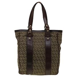 Fendi-FENDI Zucchino Canvas Tote Bag Brown Auth ac1256-Brown