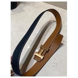 Hermès-Cinturón Hermès REVERSIBLE “H” de cuero con hebilla en dorado 18K-Negro