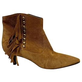 Saint Laurent-Saint Laurent fringed Charlotte heel with gold studs-Brown,Caramel