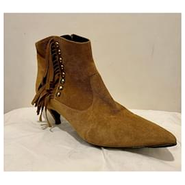 Saint Laurent-Saint Laurent fringed Charlotte heel with gold studs-Brown,Caramel