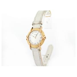 Hermès-HERMES RIBBON WATCH 26 MM QUARTZ IN GOLD STEEL & WHITE LEATHER + GOLDEN WATCH BOX-Golden