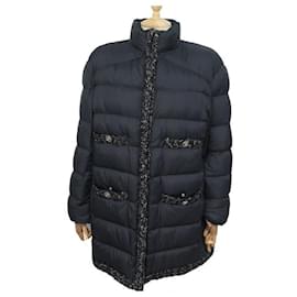 Chanel-NEW CHANEL COAT BLACK DOWN JACKET CC BUTTONS BLACK TWEED STRIPS T L 44 COATE-Black