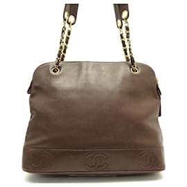 Chanel-VINTAGE CHANEL CABAS SHOPPING LOGO CC BROWN LEATHER HAND BAG-Brown