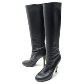 Chanel-CHANEL SHOES BOOTS WITH PEARL HEELS G29304 38.5 BLACK LEATHER BOOTS-Black