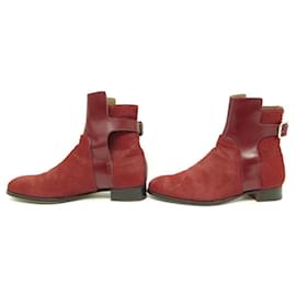 Hermès-HERMES ANKLE BOOTS 39 LEATHER AND RED PONY BOOTS FOAL SHOES-Dark red