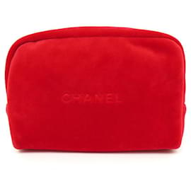 Chanel-NEW CHANEL BEAUTE TOILETRY BAG IN RED VELVET POLYESTER NEW RED POUCH-Red