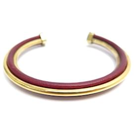 Hermès-PULSEIRA ANEL HERMES 17 CM EM VERMEIL 800 E BORDEAUX COURO JEWEL COURO-Dourado