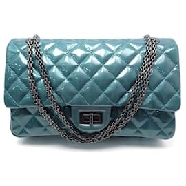 Chanel-SAC A MAIN CHANEL MAXI 2.55 CUIR VERNIS MATELASSE BLEU PRUSSE + BOITE BAG-Bleu