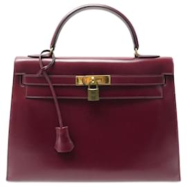 Hermès-BOLSA VINTAGE HERMES KELLY 32 CAIXA VERMELHA DE COURO + CAIXA DE BOLSA DE MÃO-Bordeaux