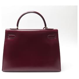 Hermès-VINTAGE HERMES KELLY HANDBAG 32 RED BOX LEATHER SADDLER + HAND BAG BOX-Dark red
