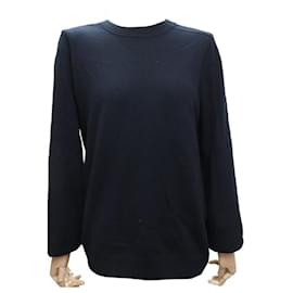 Hermès-NEW HERMES SWEATER ROUND NECK T 42 L IN WOOL AND WOOL LAMB LEATHER DETAIL-Navy blue