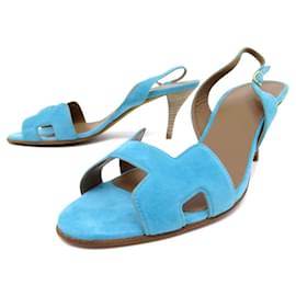 Hermès-NINE HERMES SANDALS NIGHT SHOES 70 39 SUEDE TURQUOISE SHOES + BOX-Turquoise